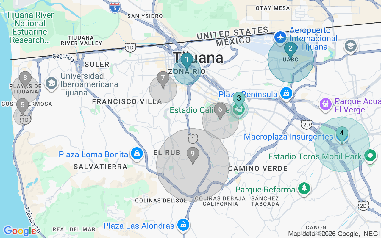 Map of Airbnb guest-review hotspots in Tijuana with location premium circles