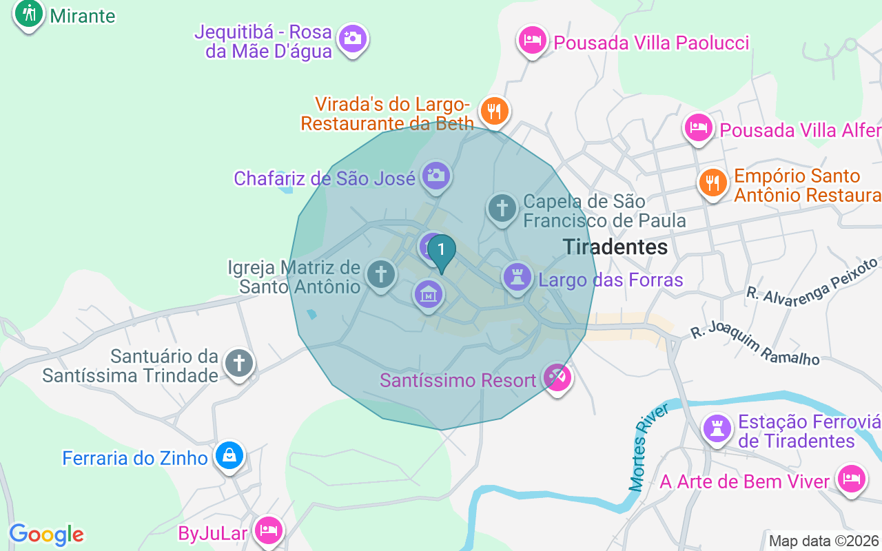 Map of Airbnb guest-review hotspots in Tiradentes with location premium circles