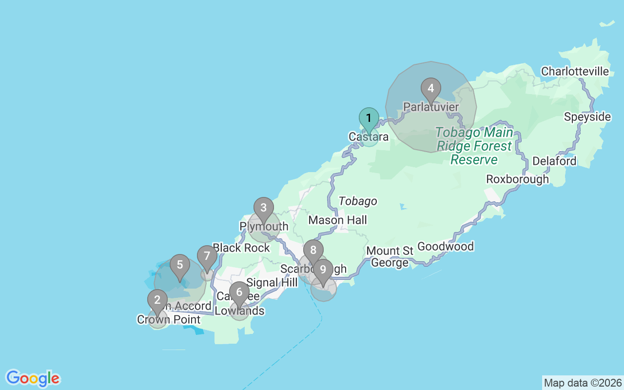 Map of Airbnb guest-review hotspots in Tobago with location premium circles