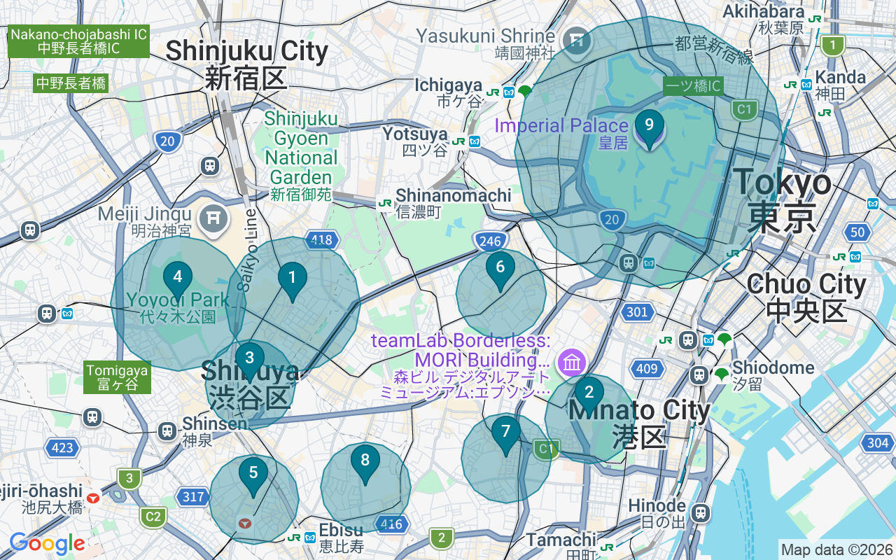 Map of Airbnb guest-review hotspots in Tokyo with location premium circles