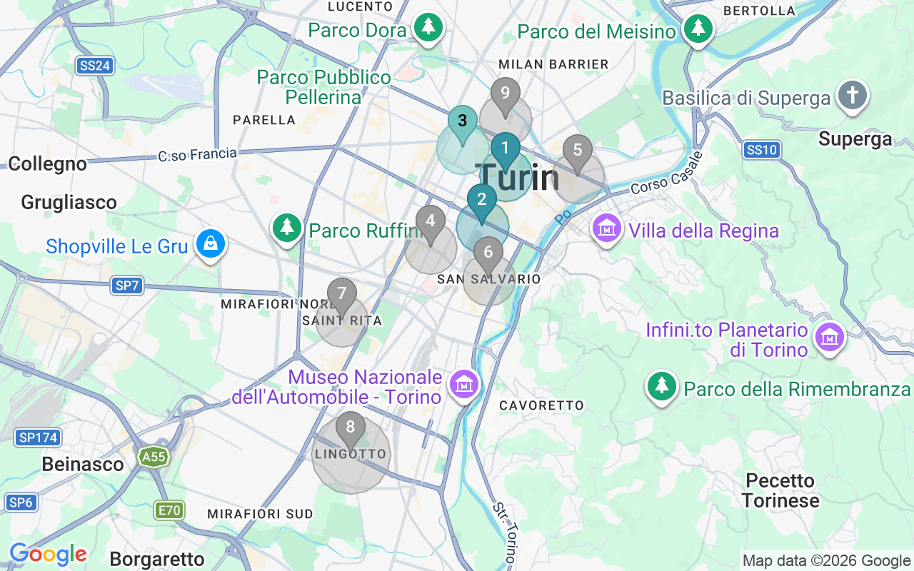 Map of Airbnb guest-review hotspots in Torino with location premium circles