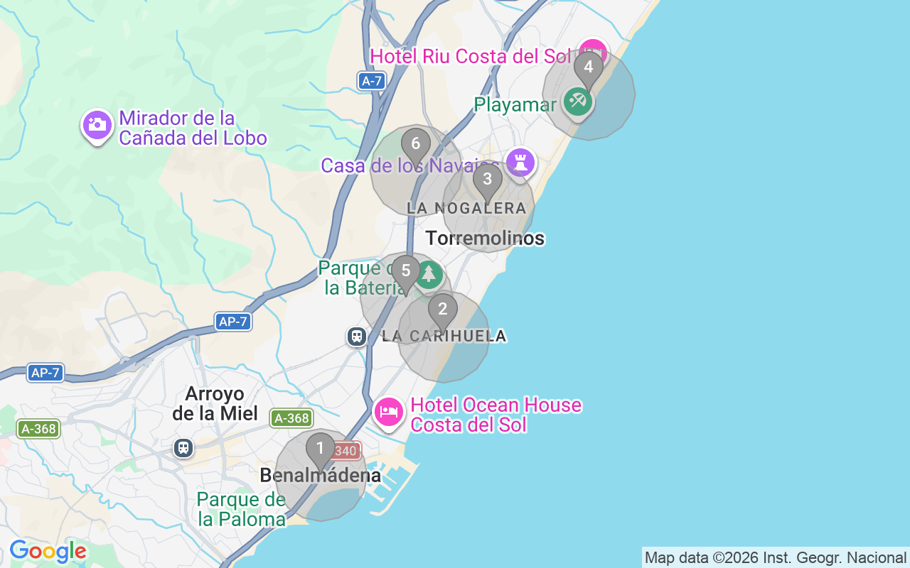 Map of Airbnb guest-review hotspots in Torremolinos with location premium circles