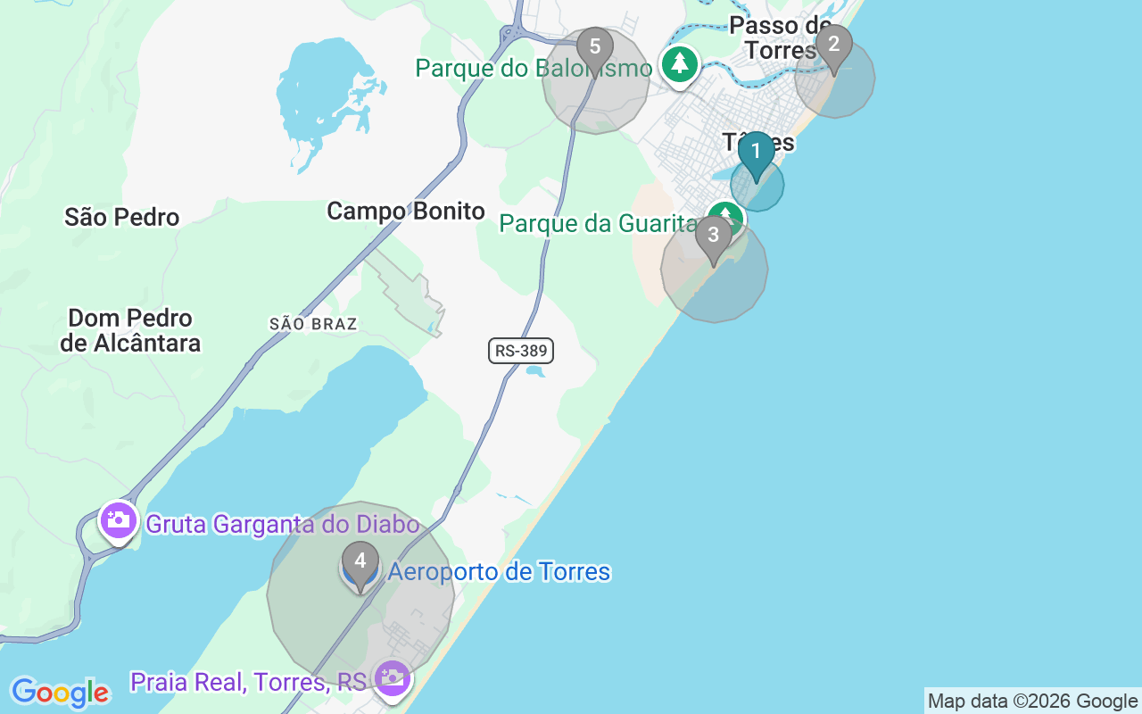 Map of Airbnb guest-review hotspots in Torres with location premium circles