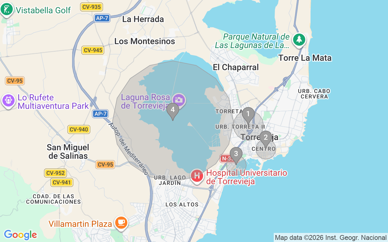 Map of Airbnb guest-review hotspots in Torrevieja with location premium circles