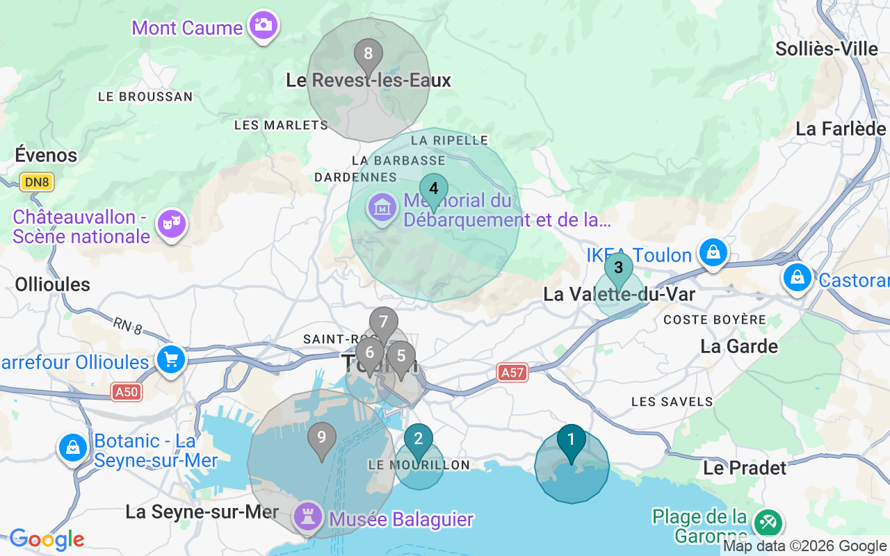 Map of Airbnb guest-review hotspots in Toulon with location premium circles