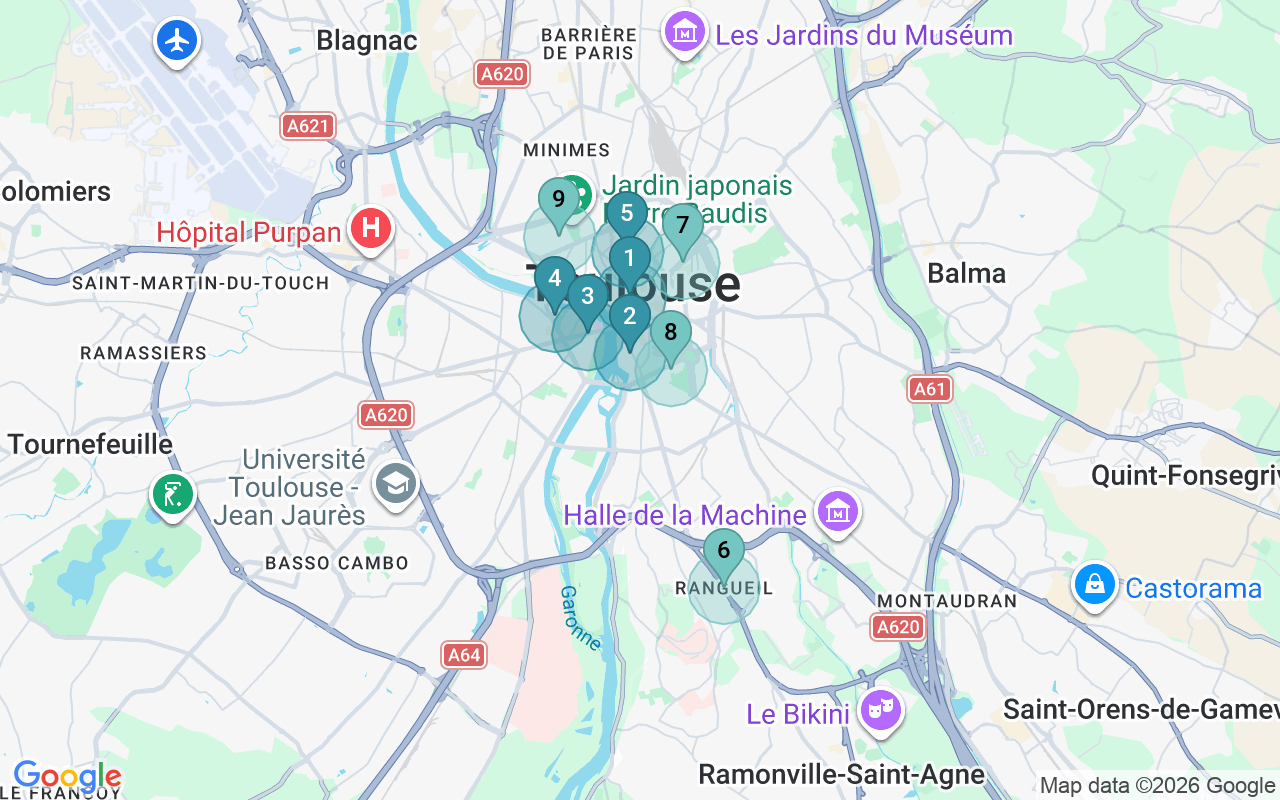 Map of Airbnb guest-review hotspots in Toulouse with location premium circles