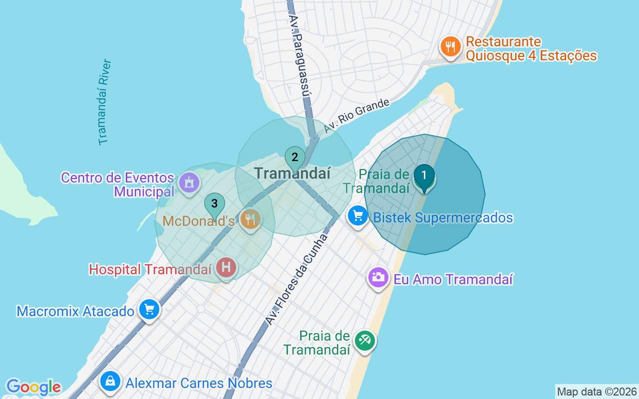 Map of Airbnb guest-review hotspots in Tramandaí with location premium circles