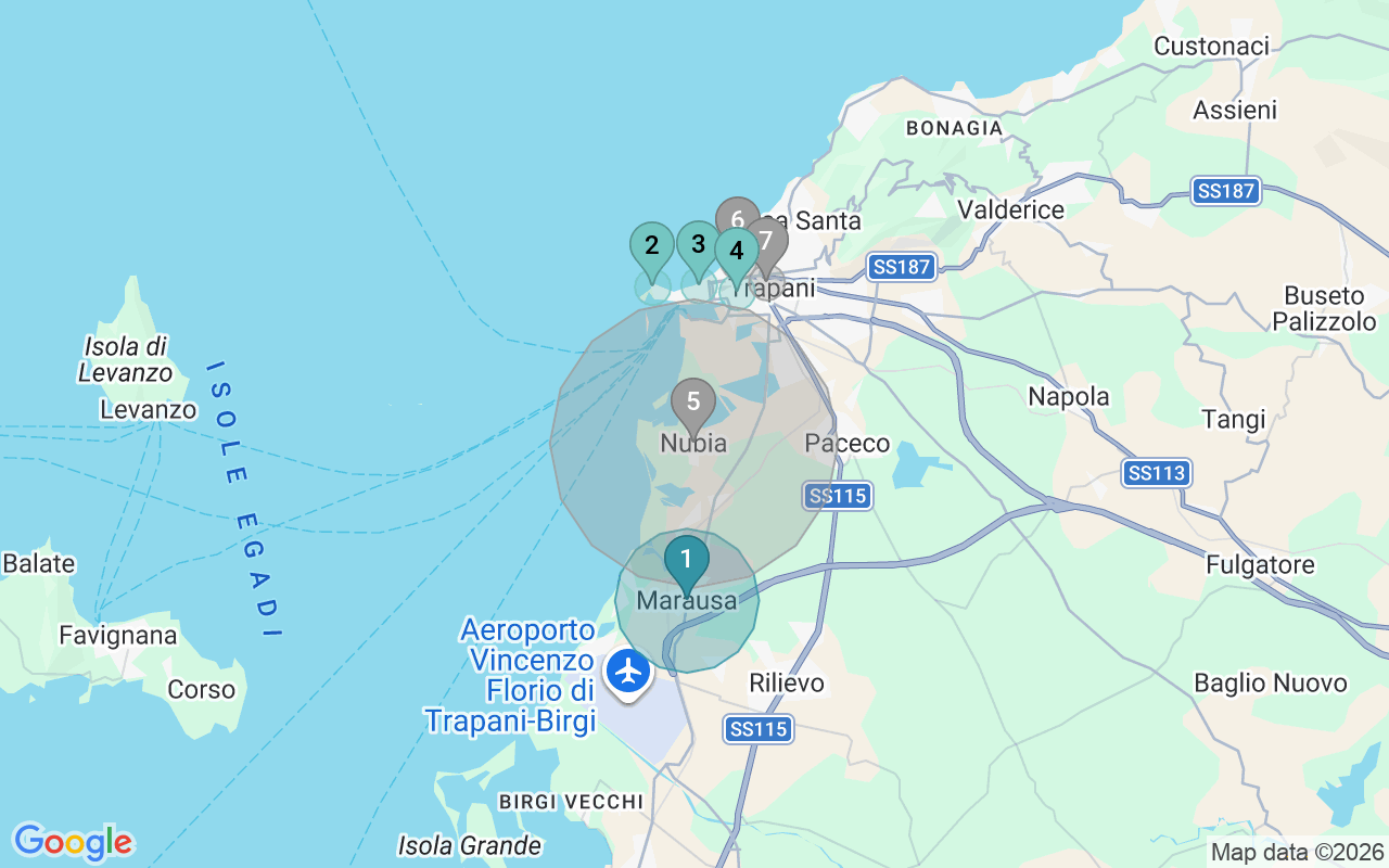 Map of Airbnb guest-review hotspots in Trapani with location premium circles
