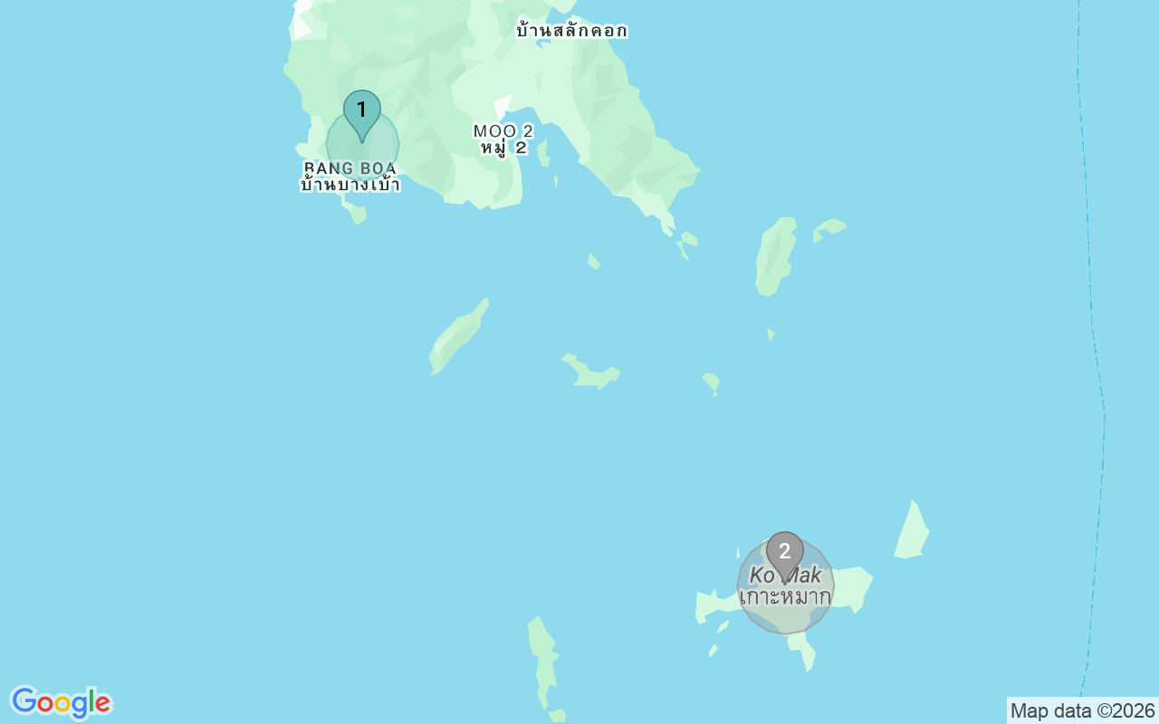 Map of Airbnb guest-review hotspots in Trat Islands with location premium circles