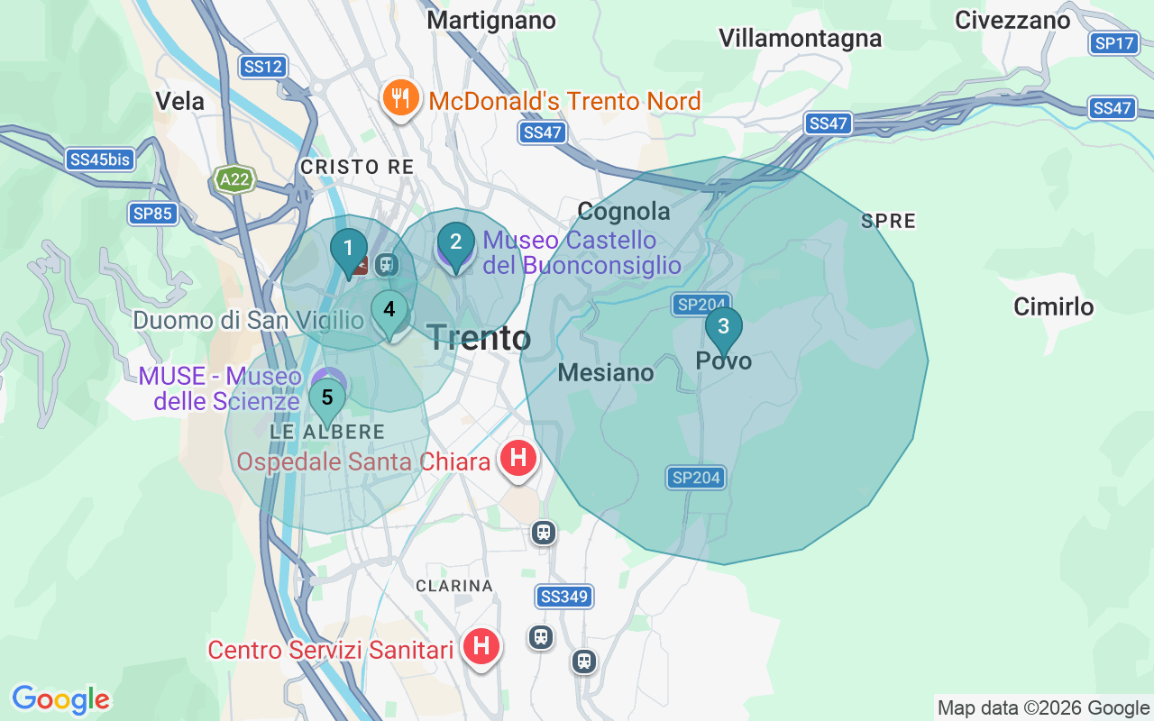 Map of Airbnb guest-review hotspots in Trento with location premium circles