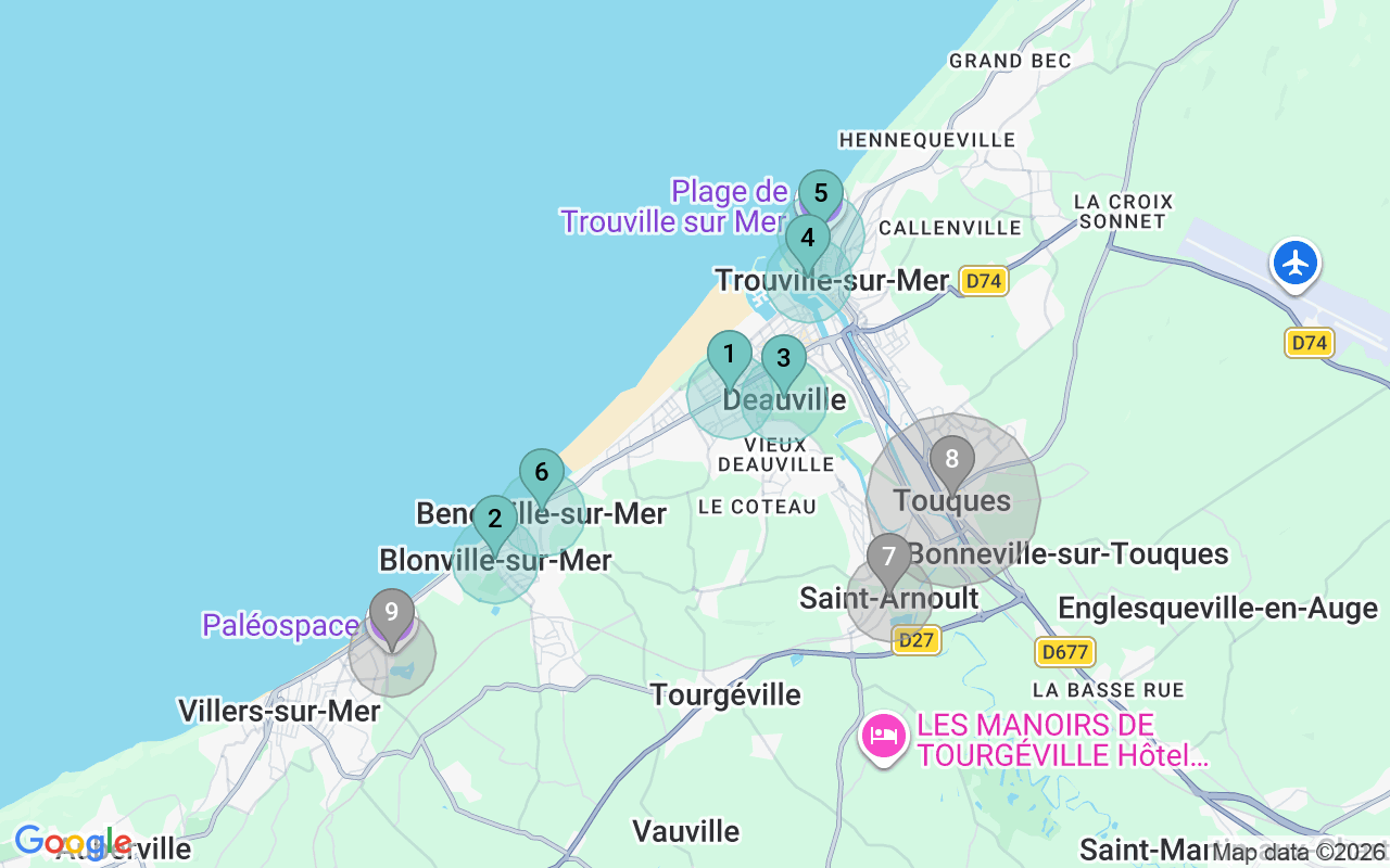 Map of Airbnb guest-review hotspots in Trouville Sur Mer with location premium circles