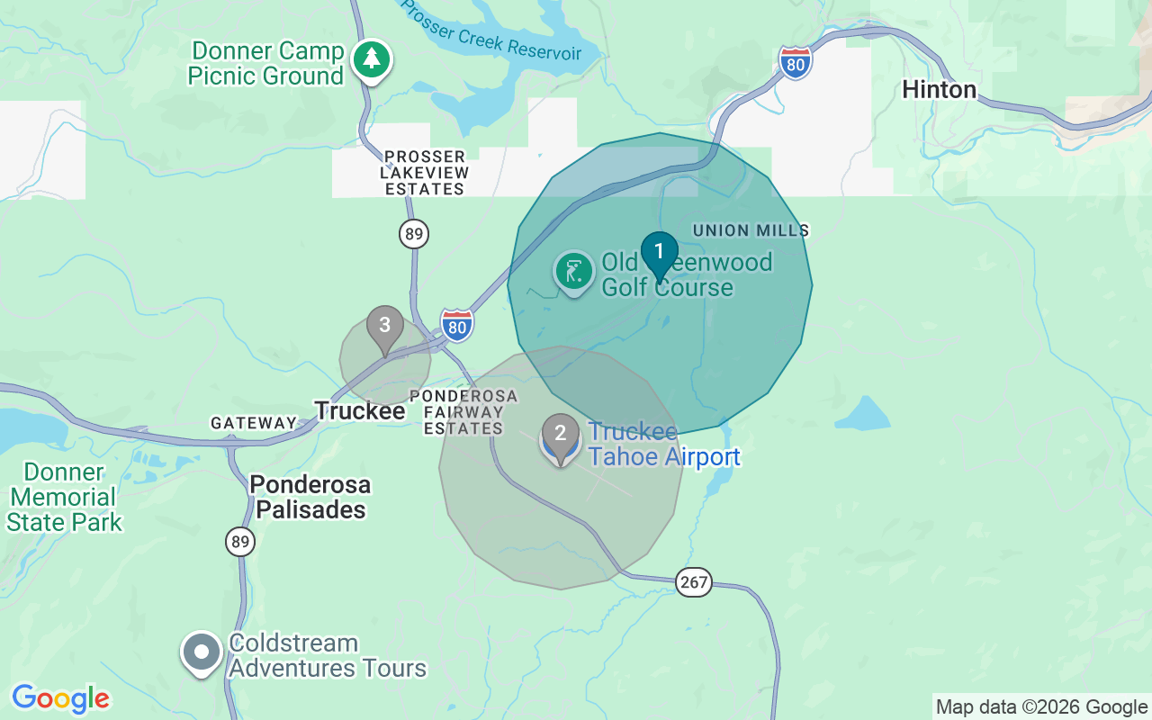 Map of Airbnb guest-review hotspots in Truckee with location premium circles