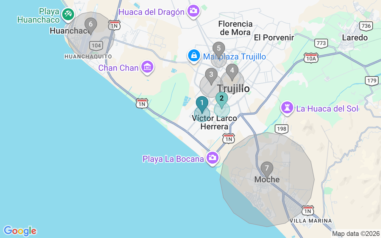 Map of Airbnb guest-review hotspots in Trujillo with location premium circles