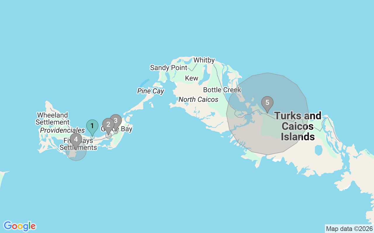 Map of Airbnb guest-review hotspots in Turks and Caicos Islands with location premium circles