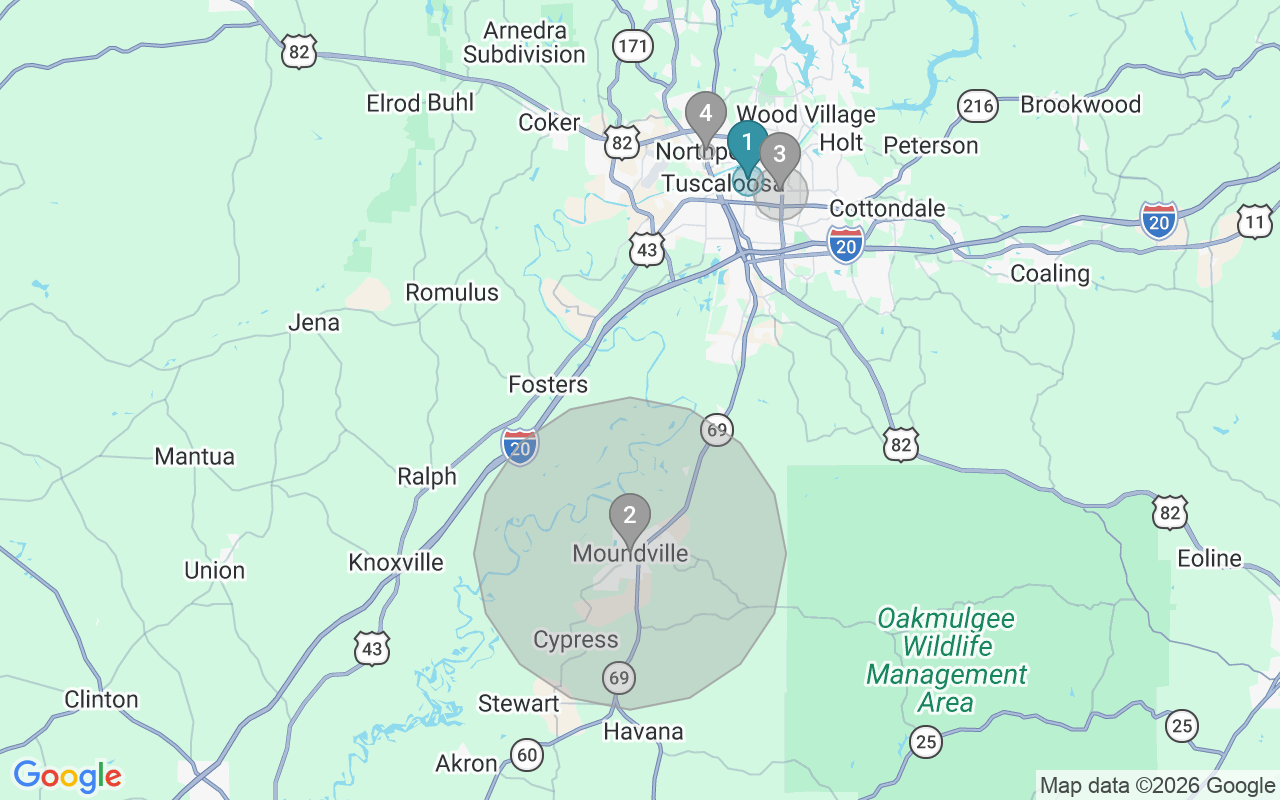 Map of Airbnb guest-review hotspots in Tuscaloosa with location premium circles
