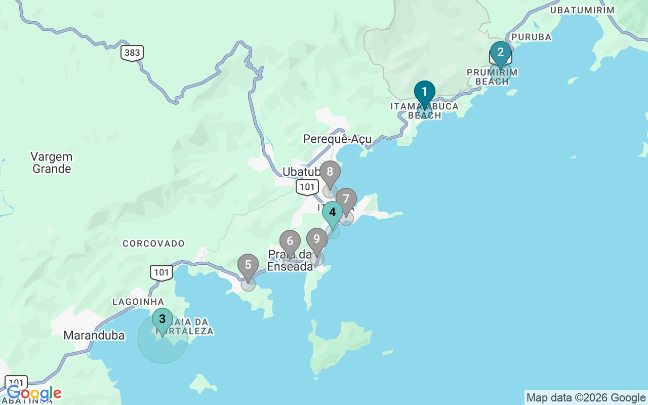 Map of Airbnb guest-review hotspots in Ubatuba with location premium circles