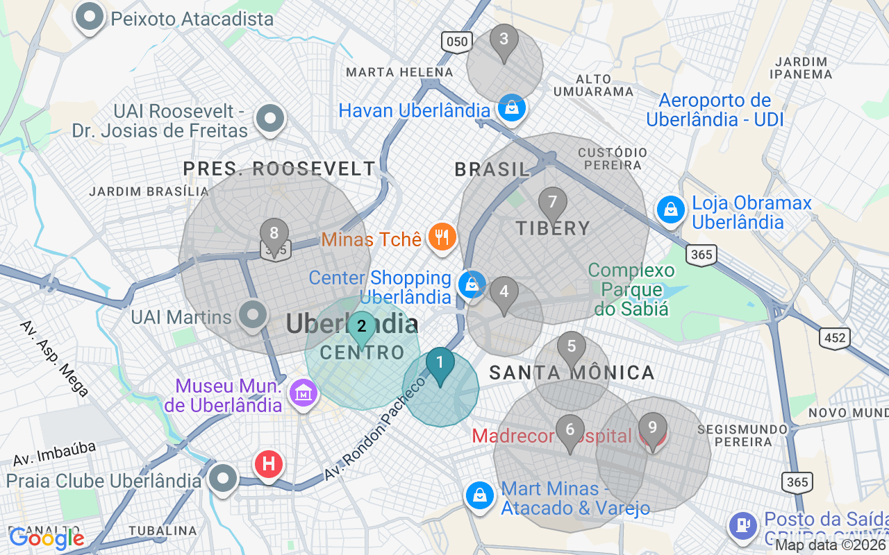 Map of Airbnb guest-review hotspots in Uberlândia with location premium circles