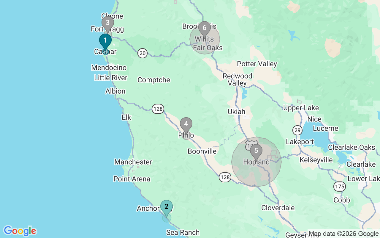 Map of Airbnb guest-review hotspots in Ukiah with location premium circles