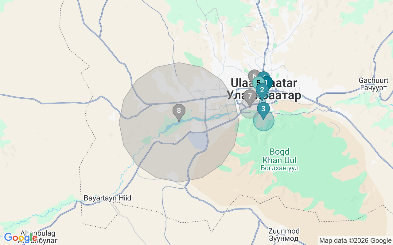 Map of Airbnb guest-review hotspots in Ulaanbaatar with location premium circles