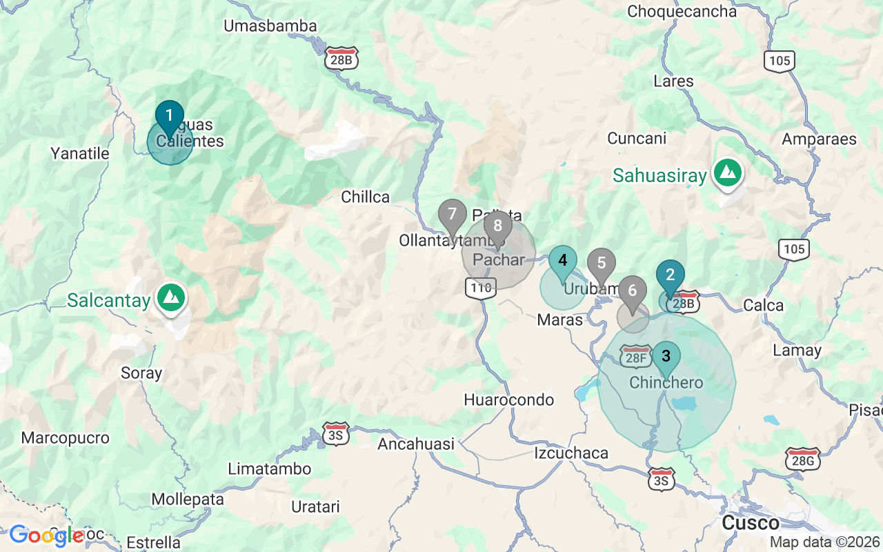 Map of Airbnb guest-review hotspots in Urubamba with location premium circles