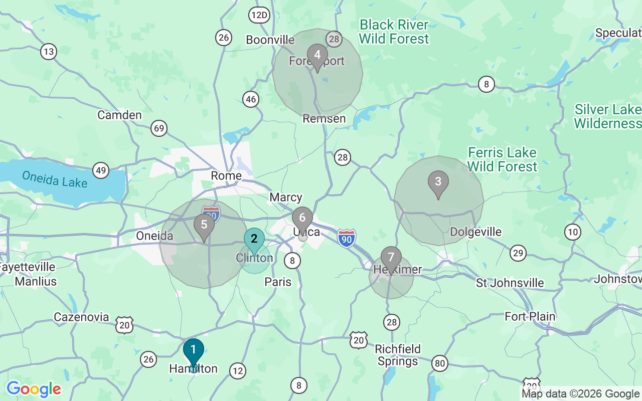 Map of Airbnb guest-review hotspots in Utica-Rome with location premium circles