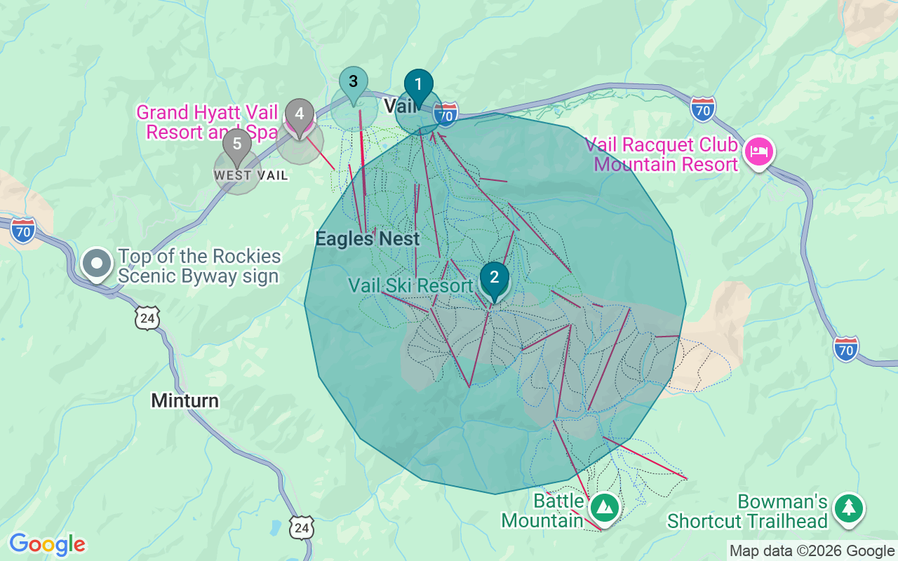 Map of Airbnb guest-review hotspots in Vail with location premium circles