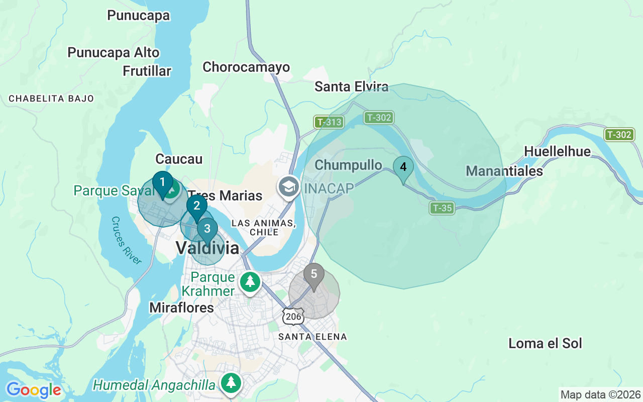 Map of Airbnb guest-review hotspots in Valdivia with location premium circles