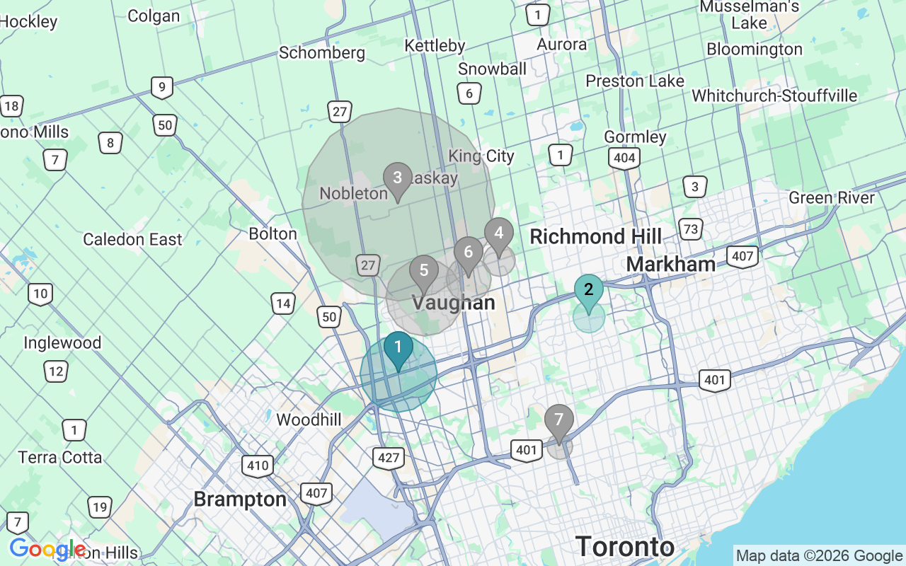 Map of Airbnb guest-review hotspots in Vaughan with location premium circles