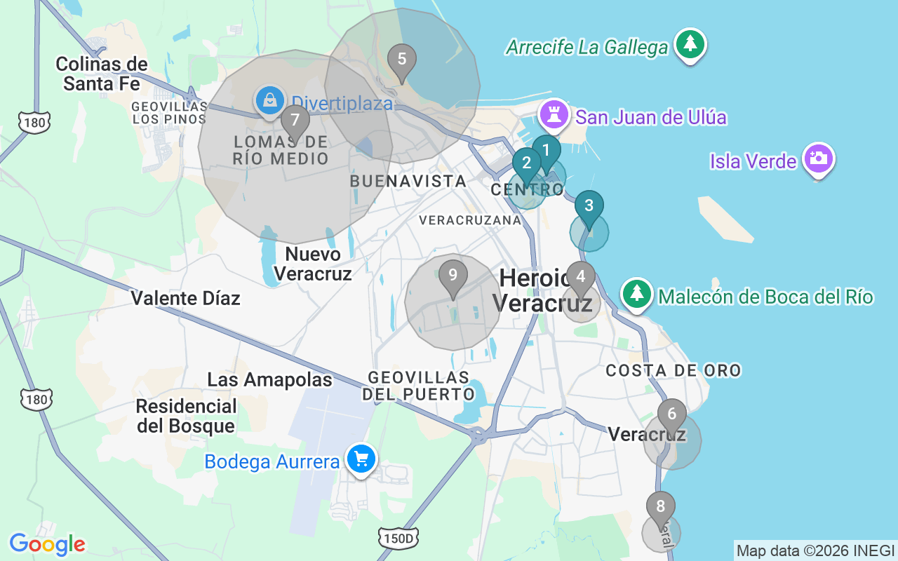 Map of Airbnb guest-review hotspots in Veracruz with location premium circles