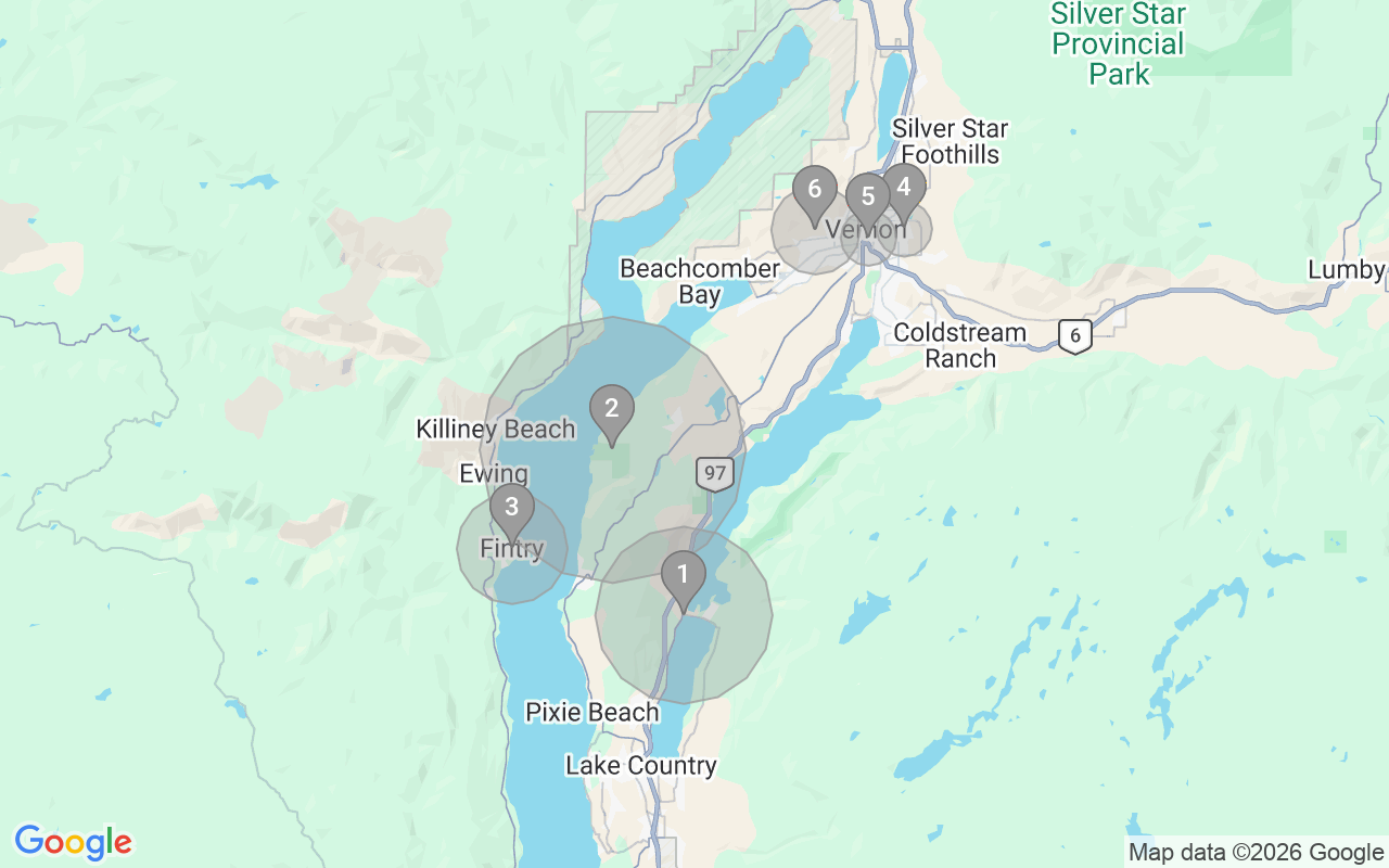 Map of Airbnb guest-review hotspots in Vernon with location premium circles