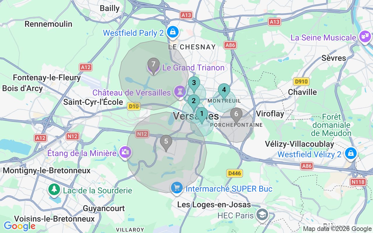 Map of Airbnb guest-review hotspots in Versailles with location premium circles