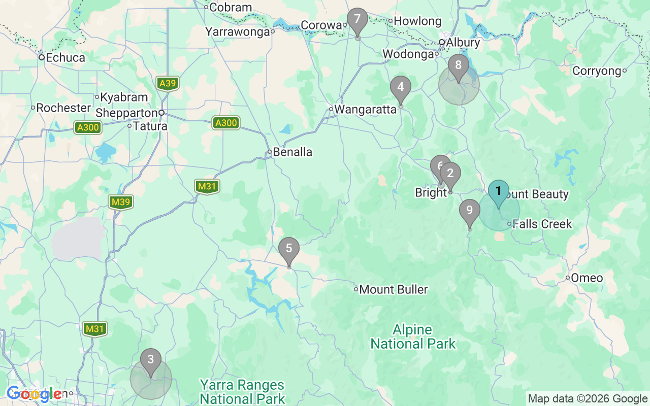Map of Airbnb guest-review hotspots in Victoria's High Country with location premium circles