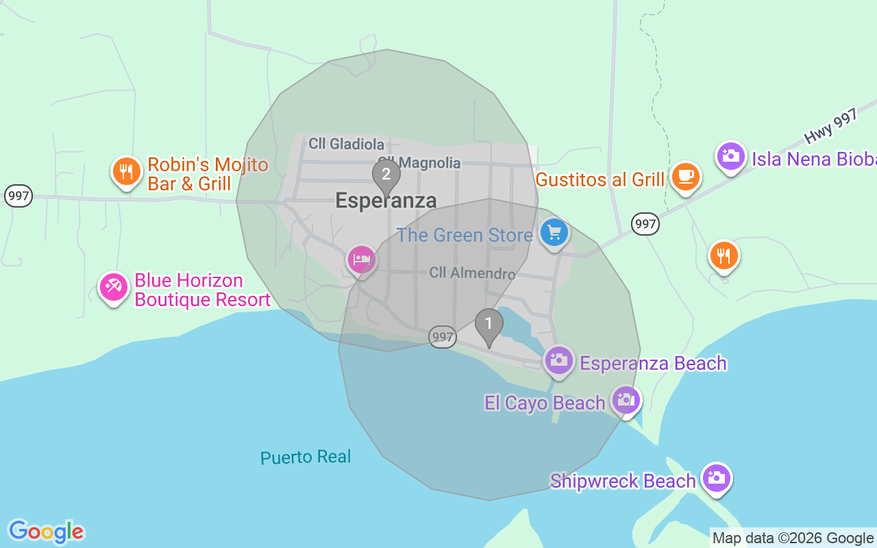 Map of Airbnb guest-review hotspots in Vieques with location premium circles