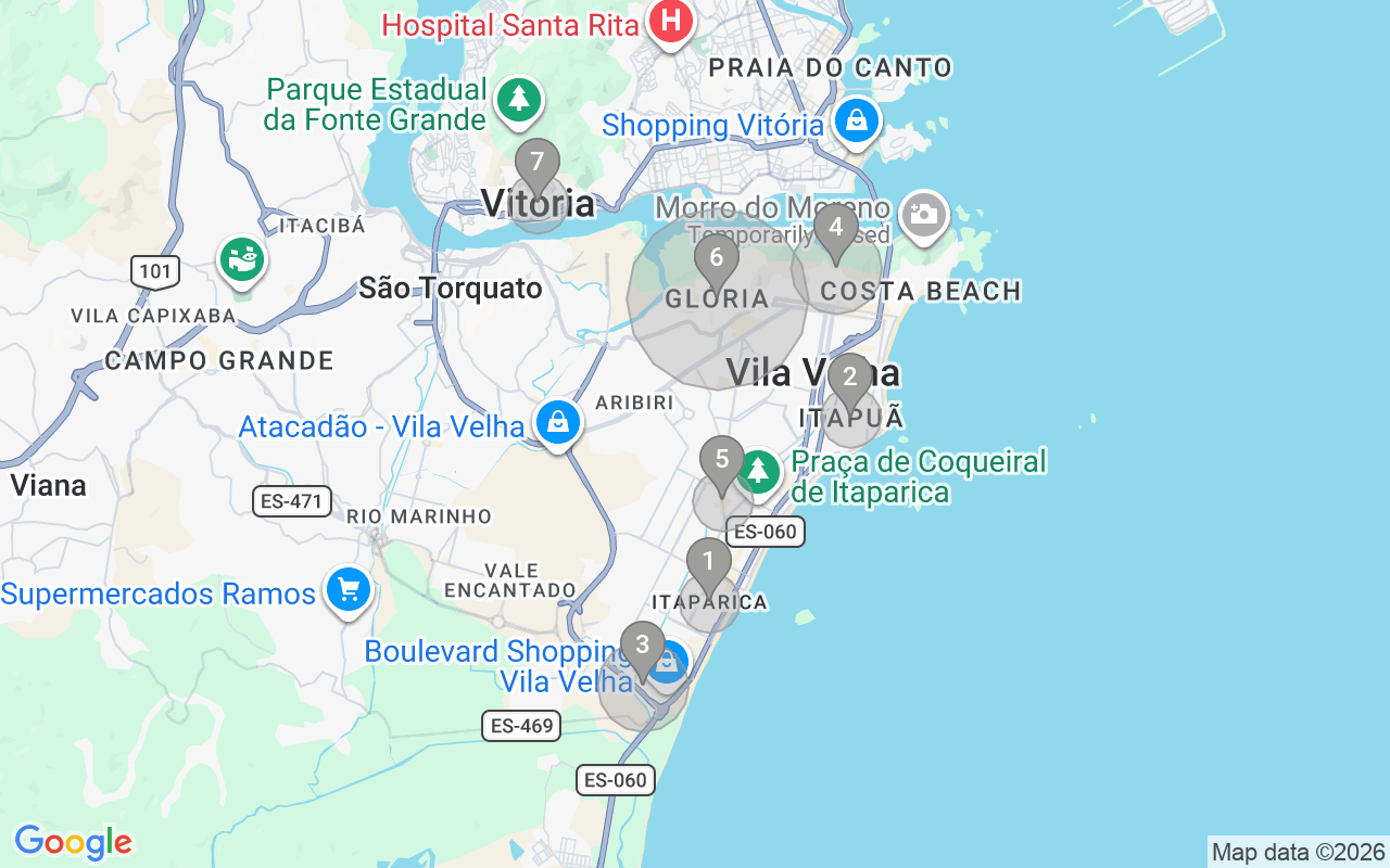 Map of Airbnb guest-review hotspots in Vila Velha with location premium circles