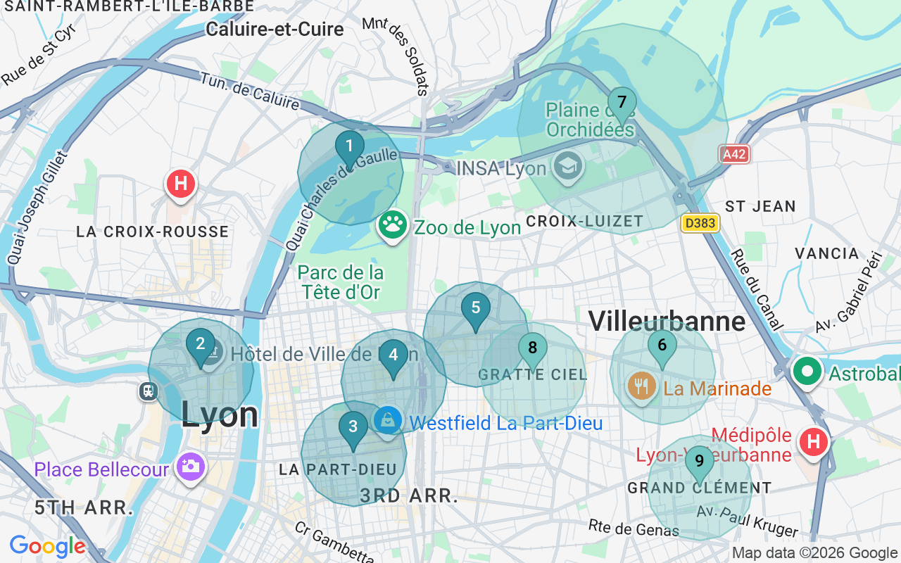 Map of Airbnb guest-review hotspots in Villeurbanne with location premium circles