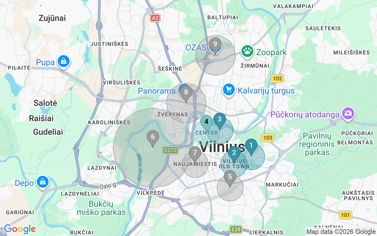 Map of Airbnb guest-review hotspots in Vilnius with location premium circles