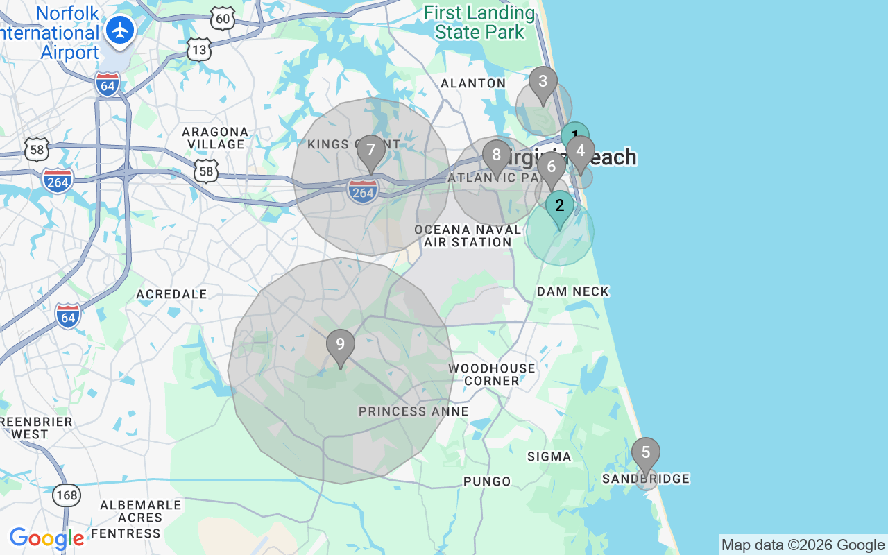 Map of Airbnb guest-review hotspots in Virginia Beach with location premium circles