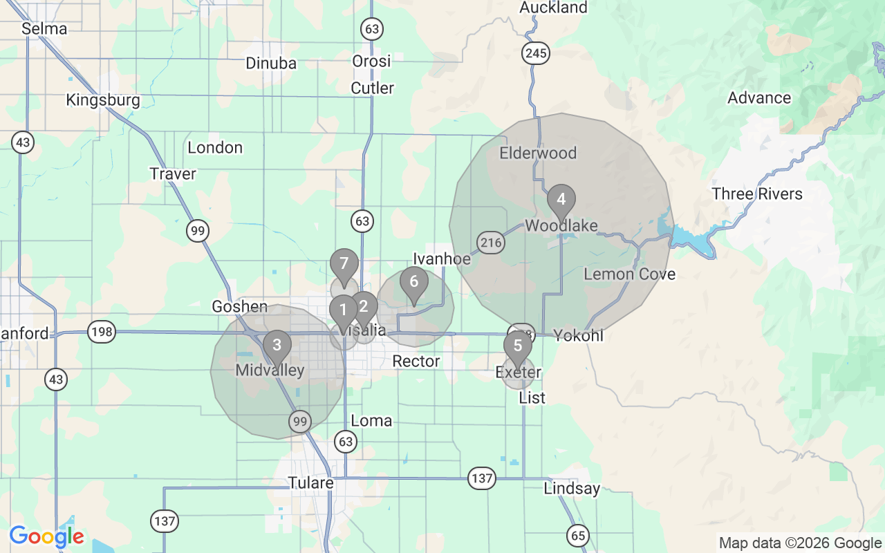 Map of Airbnb guest-review hotspots in Visalia with location premium circles