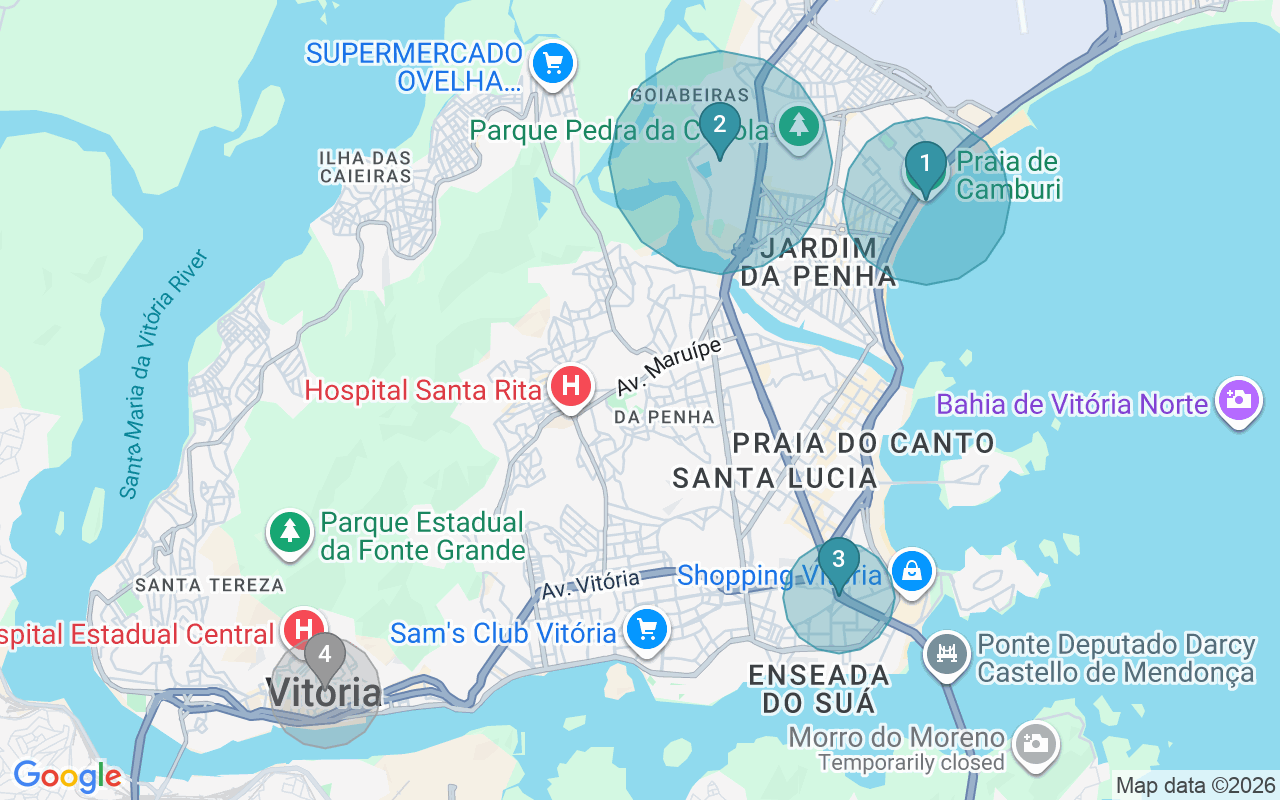Map of Airbnb guest-review hotspots in Vitoria with location premium circles