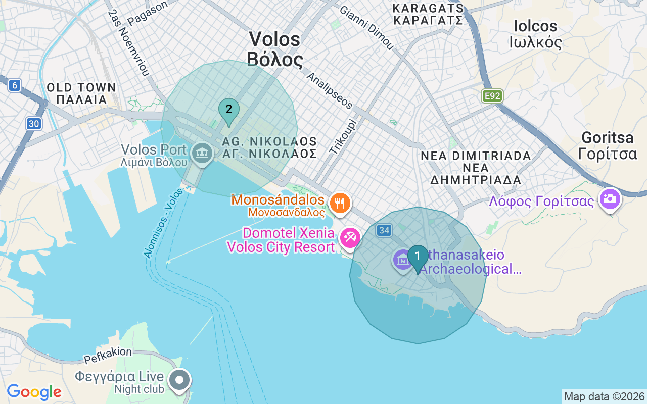 Map of Airbnb guest-review hotspots in Volos with location premium circles