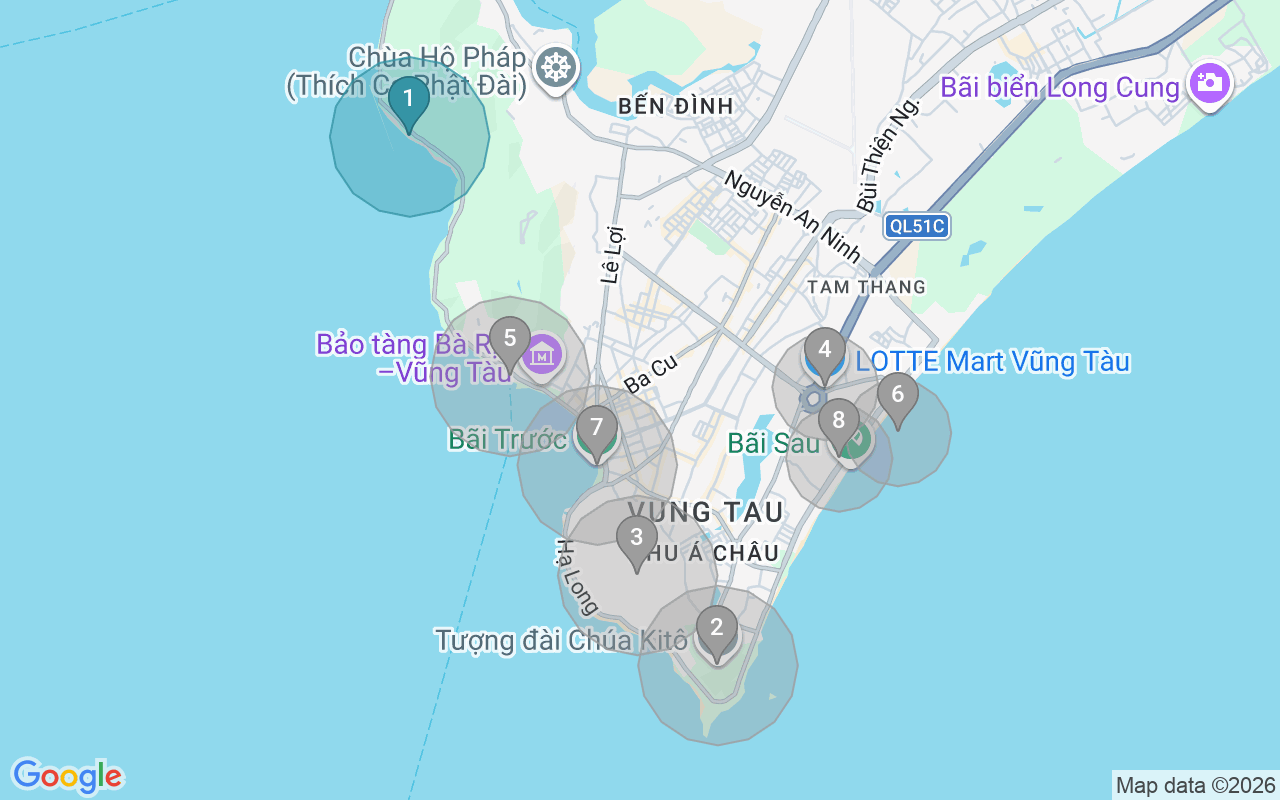 Map of Airbnb guest-review hotspots in Vung Tau with location premium circles