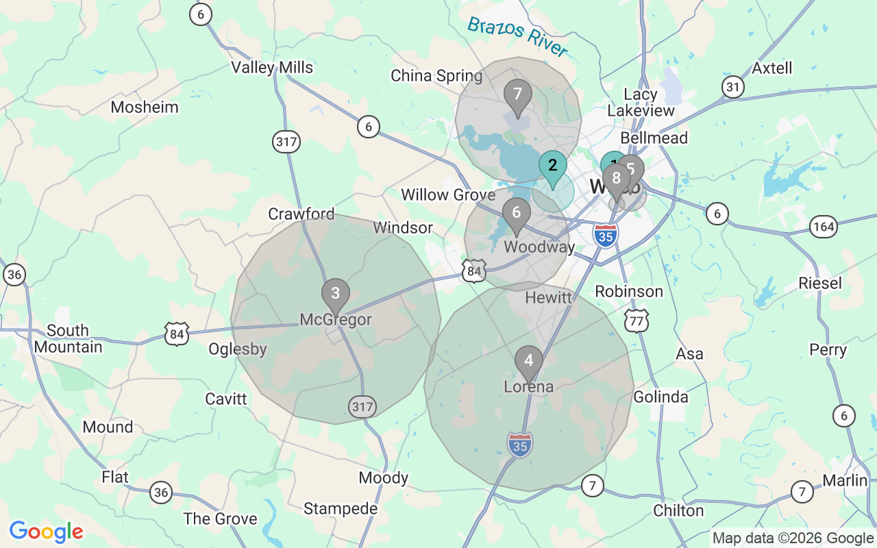 Map of Airbnb guest-review hotspots in Waco with location premium circles