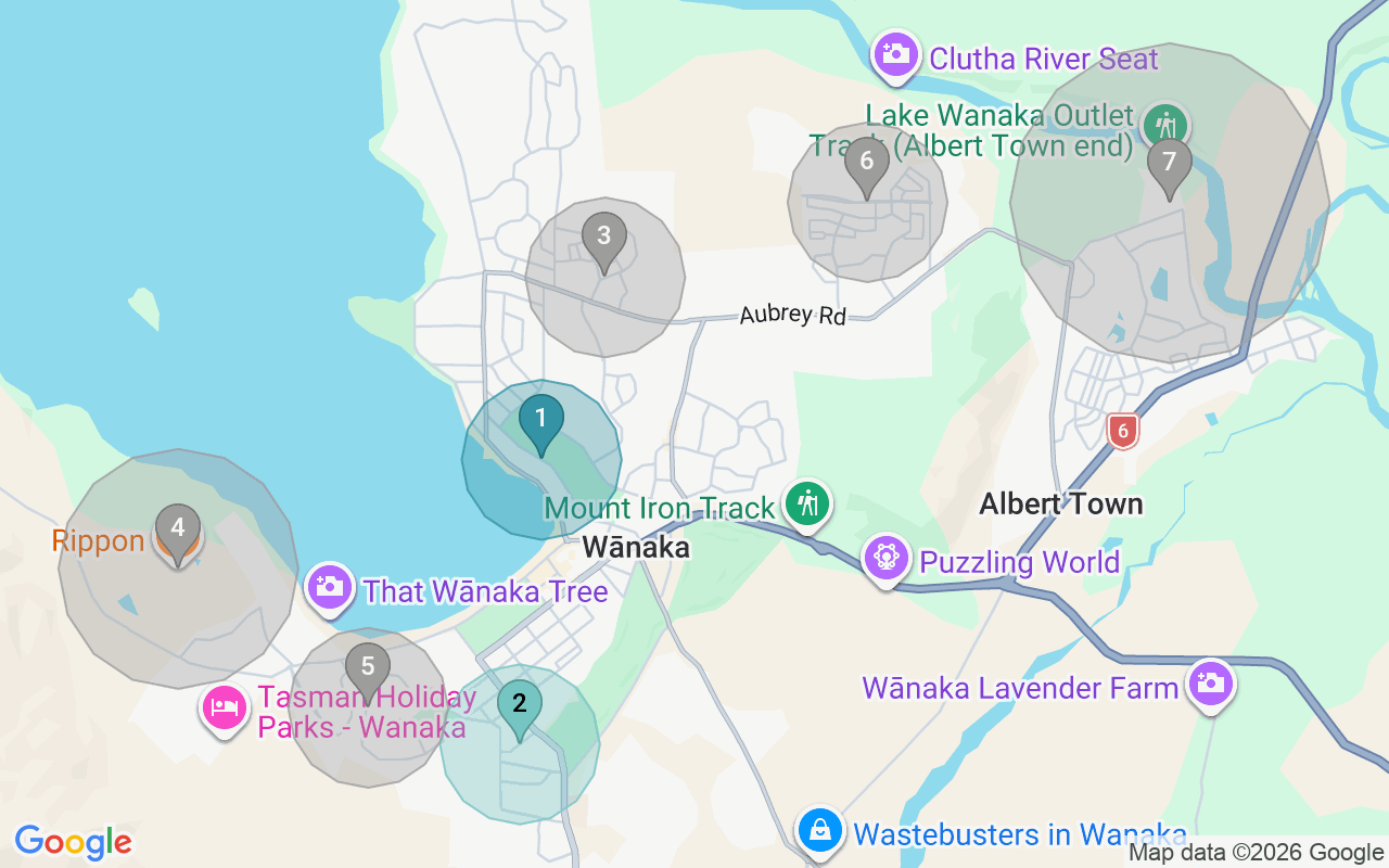 Map of Airbnb guest-review hotspots in Wanaka with location premium circles