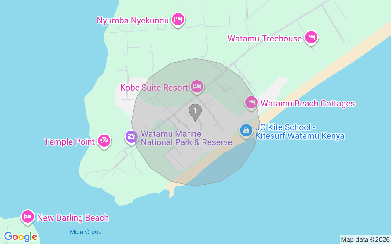 Map of Airbnb guest-review hotspots in Watamu with location premium circles