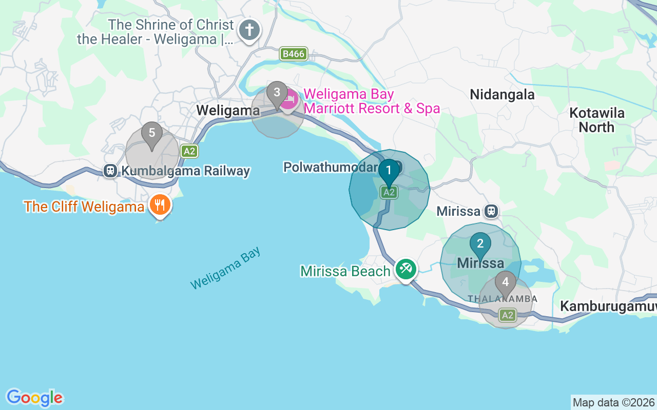 Map of Airbnb guest-review hotspots in Weligama with location premium circles