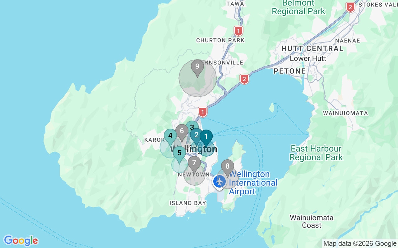 Map of Airbnb guest-review hotspots in Wellington with location premium circles
