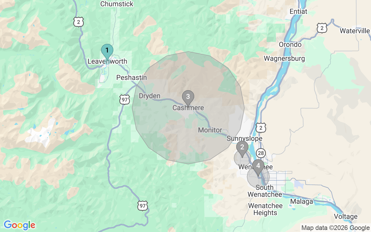 Map of Airbnb guest-review hotspots in Wenatchee with location premium circles