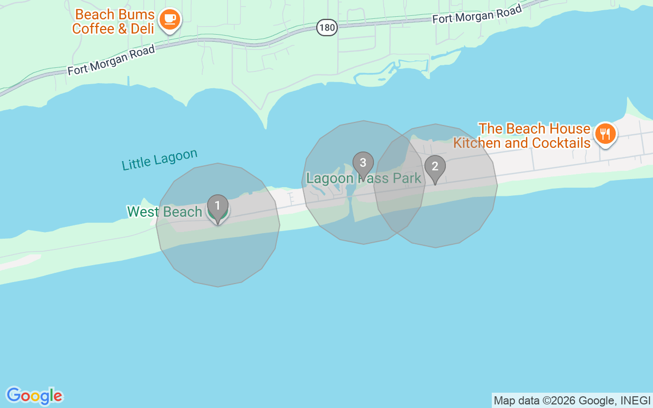 Map of Airbnb guest-review hotspots in West Beach Blvd with location premium circles