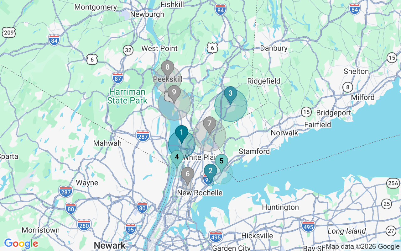 Map of Airbnb guest-review hotspots in Westchester with location premium circles