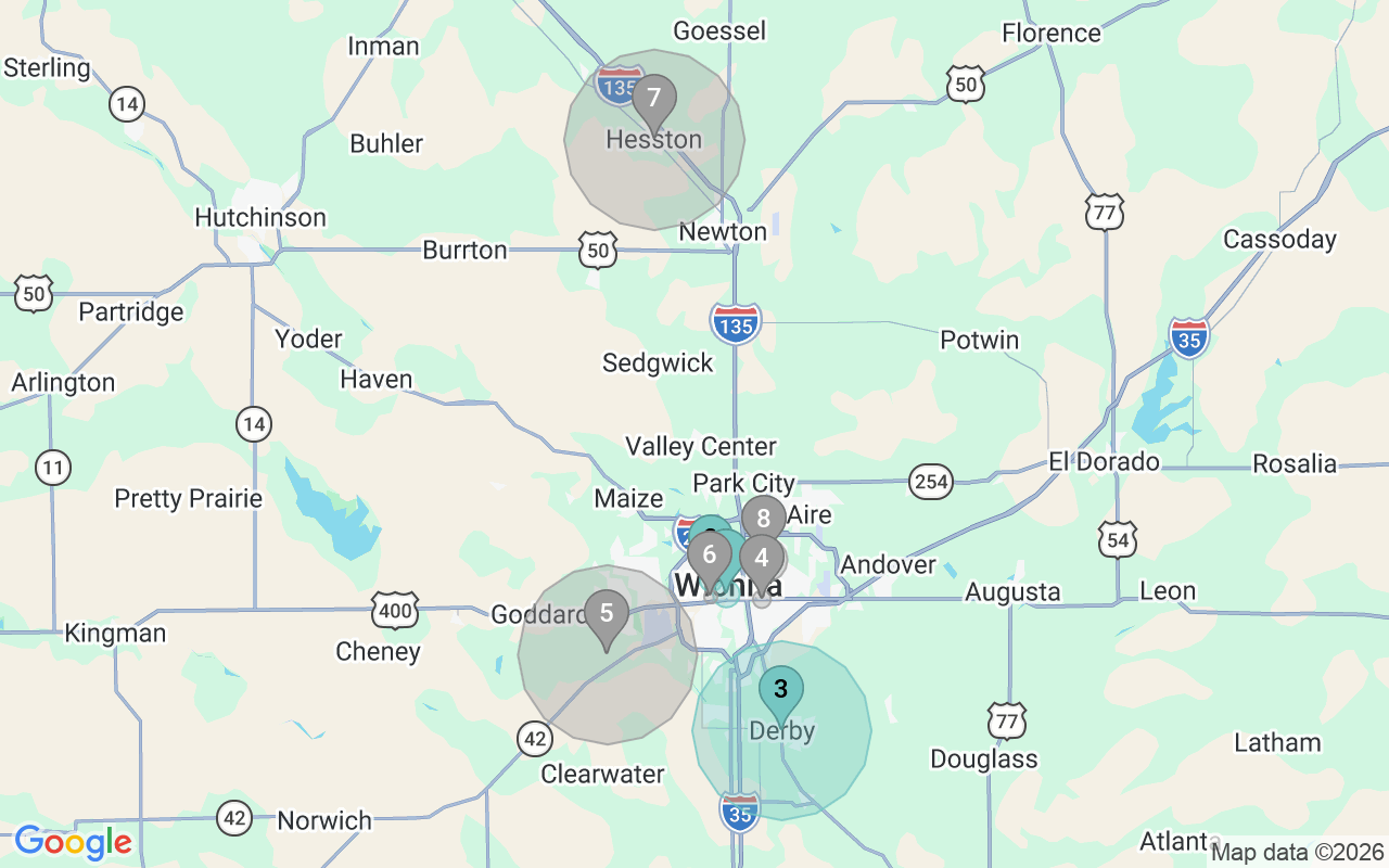 Map of Airbnb guest-review hotspots in Wichita with location premium circles